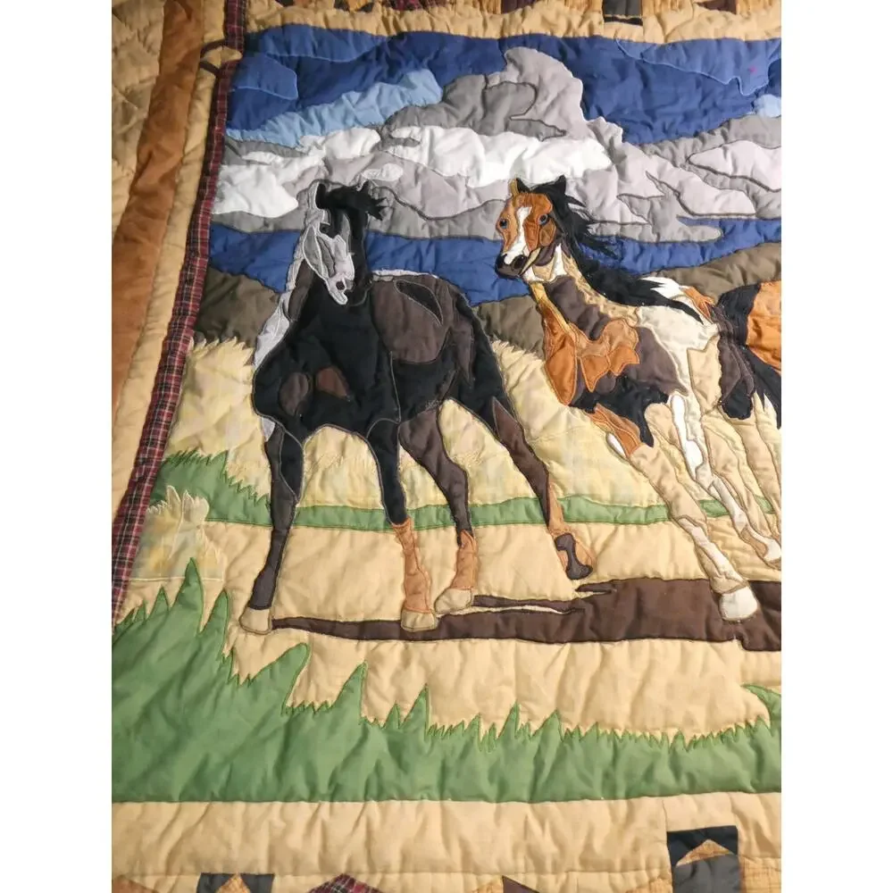 PATCH MAGIC 3 Horses Western Cotton Quilt Throw Wall Hanging 60x53